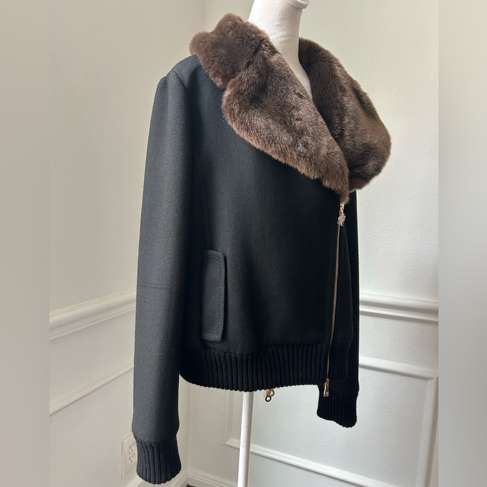 Kate Spade Black Bomber Jacket with Brown Faux Fur Collar, Size 14, NWOT - Picture 6 of 13